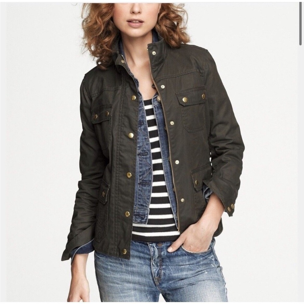 J.Crew Downtown Field Jacket Gold Snaps Military‎ Utility Olive Green Size XS